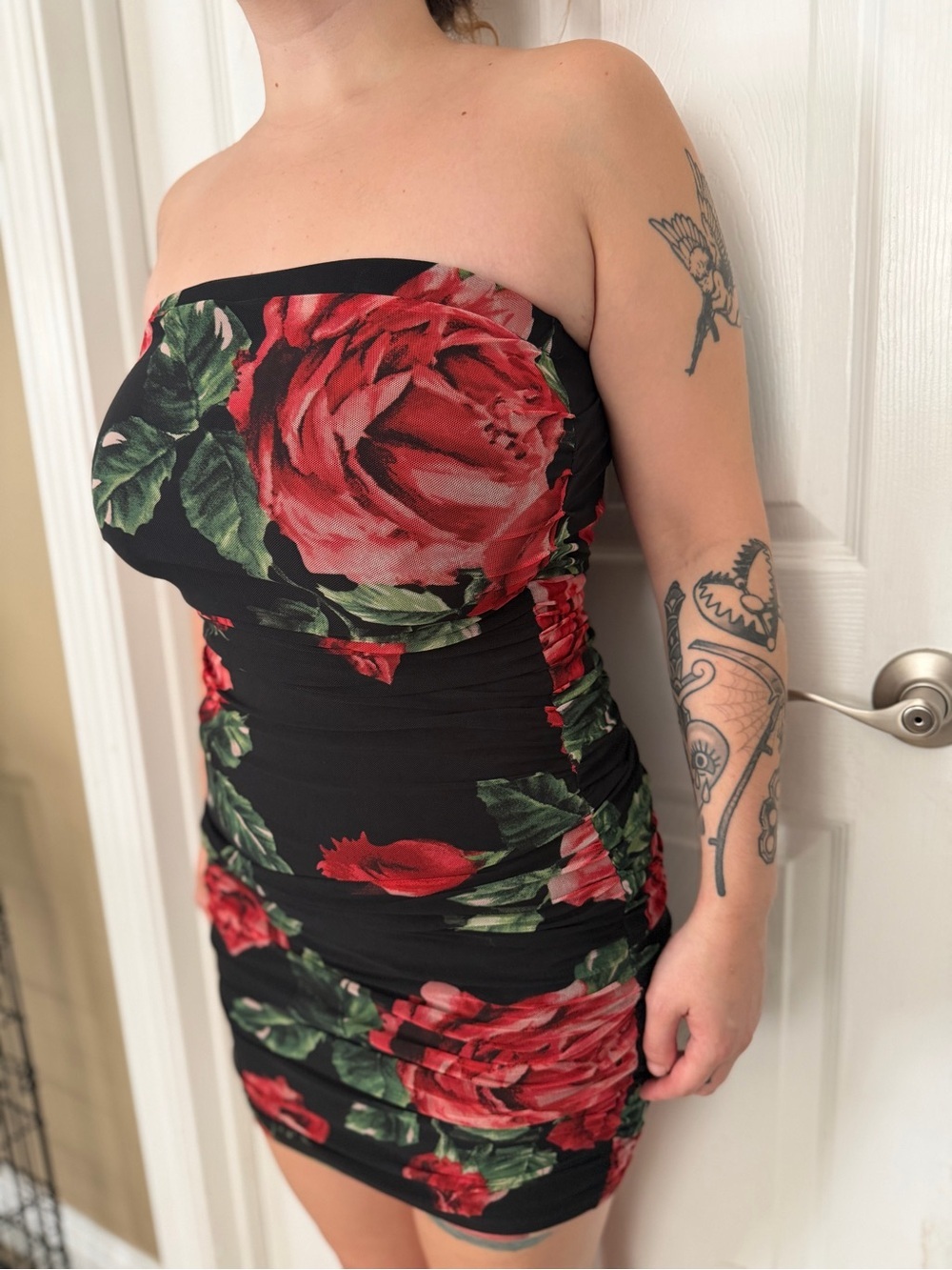 iris Black Strapless Ruched Dress with Red Rose Print